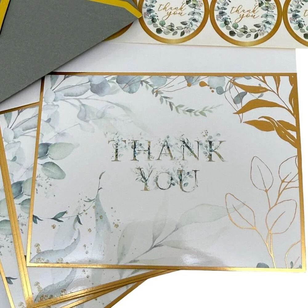 Thank you Cards Set of 10 Green Leaf Design w/ Stickers and Envelopes 3.75x5